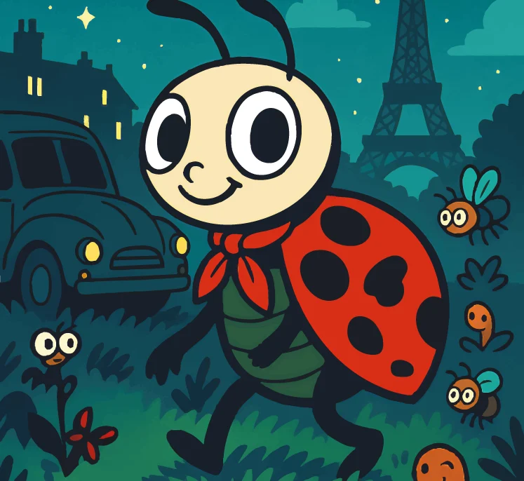 Markus Grimm – Fleckies Reise Illustration des Titels mit Fleckie bei Nacht und im Hintergrund der Eiffelturm.