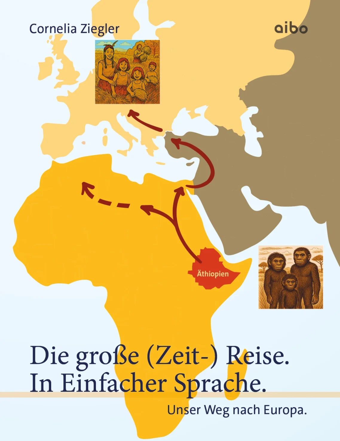 Titelbild Die große (Zeit-) Reise Titelbild Die große (Zeit-) Reise. Unser Weg nach Europa. Mit einer Landkarte im Hintergrund, mit dem Weg von Äthiopien nach Mitteleuropa.