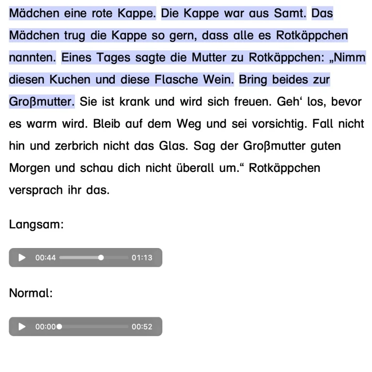 Screenshot Audio Screenshot mit den gesprochenen Audiospuren in langsam und normal