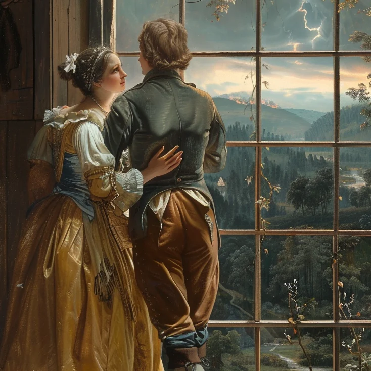 Titelbild Goethe - Die Leiden des jungen Werther. Werther und Lotta schauen aus dem Fenster auf ein Gewitter und entdecken Gemeinsamkeiten.