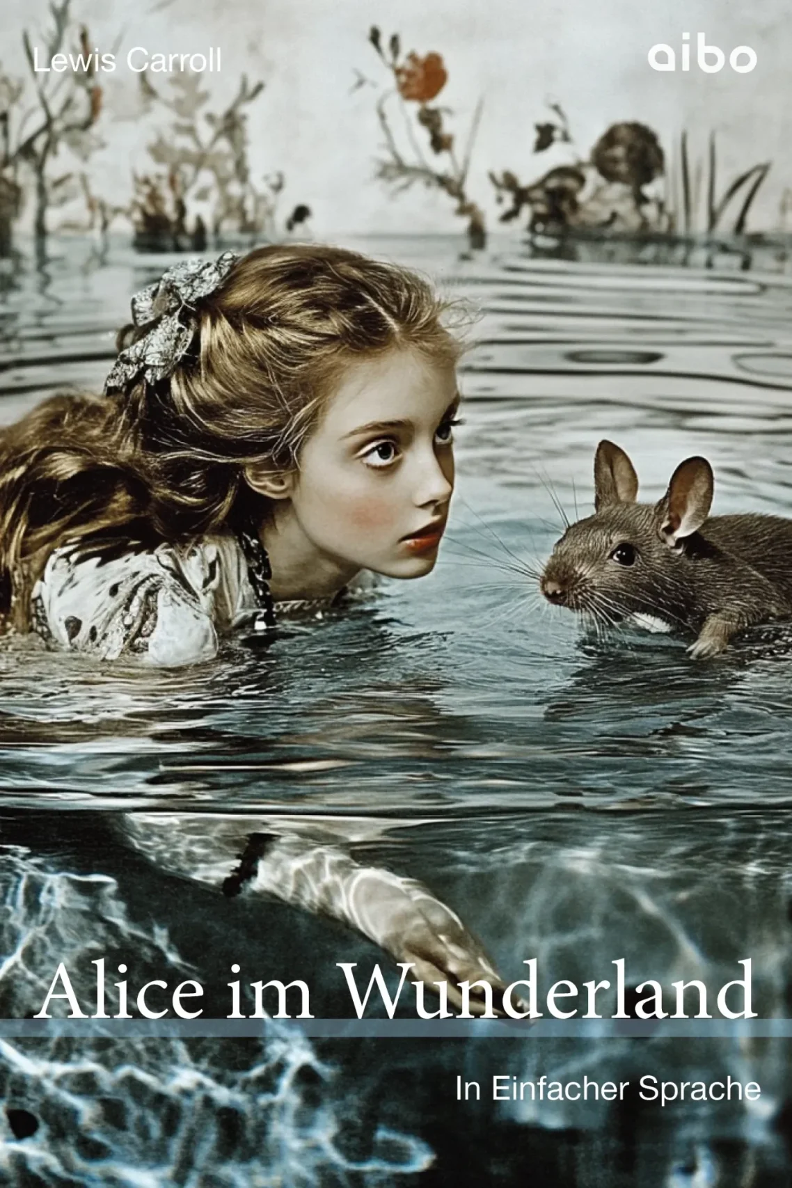 Alice im Wunderland Coverbild Alice schwimmt mit einer Maus im Tränenteich. Titelbild Alice im Wunderland.