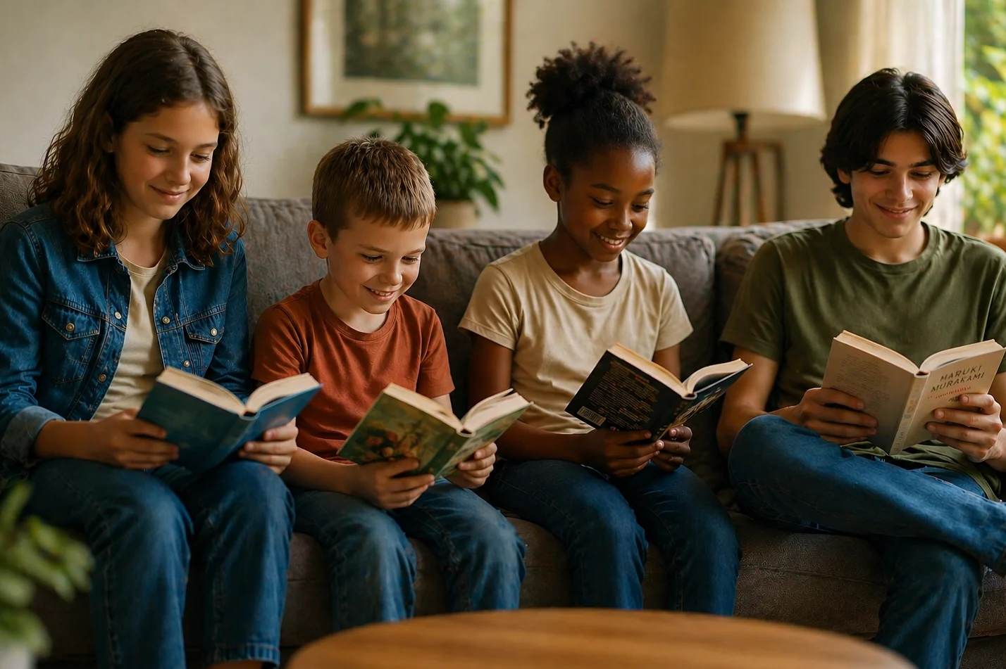 Kind und Jugend 4 Kinder lesend auf einer Couch