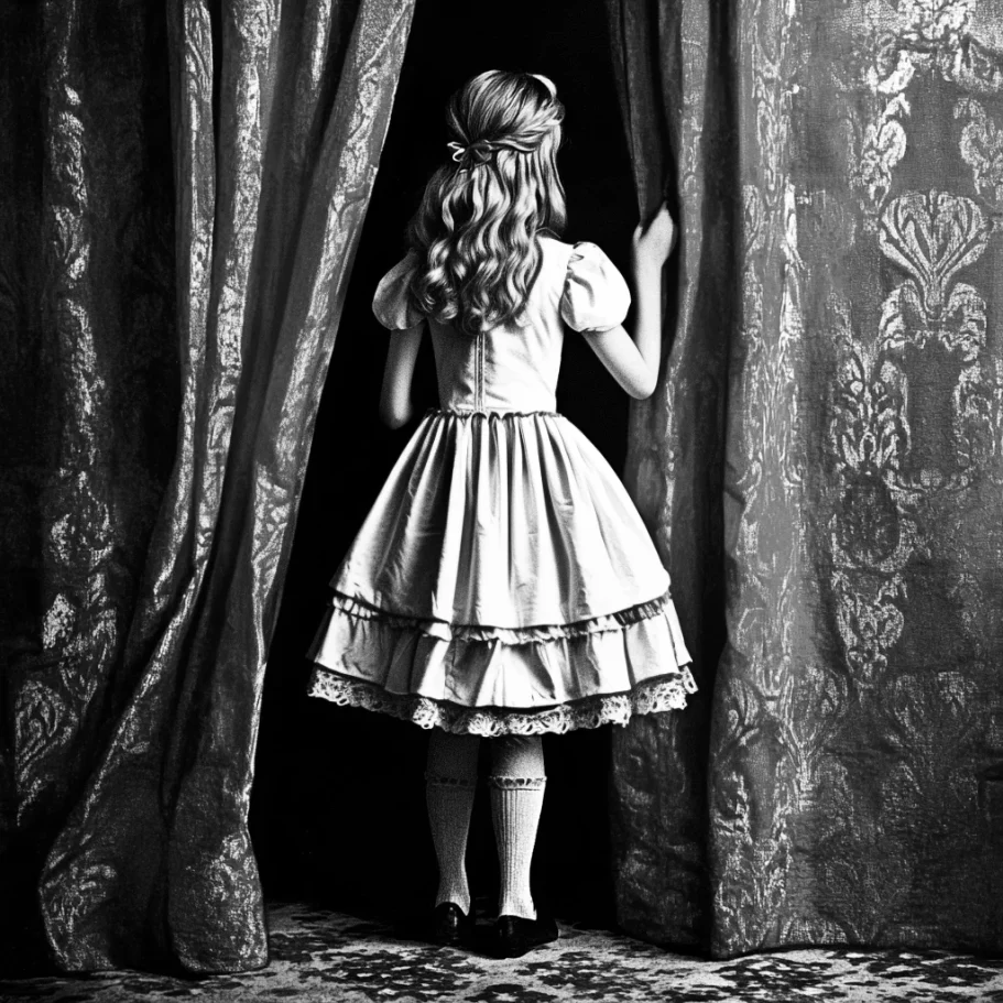 Alice vor dem Vorhang Alice ging noch einmal durch den Gang und entdeckt einen Vorhang.