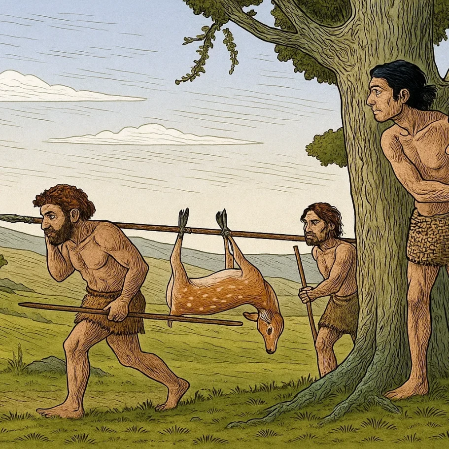 Neandertaler und Homo sapiens Illustration zweier Neandertaler, die von einem Homo sapiens bei der Jagd beobachtet werden.
