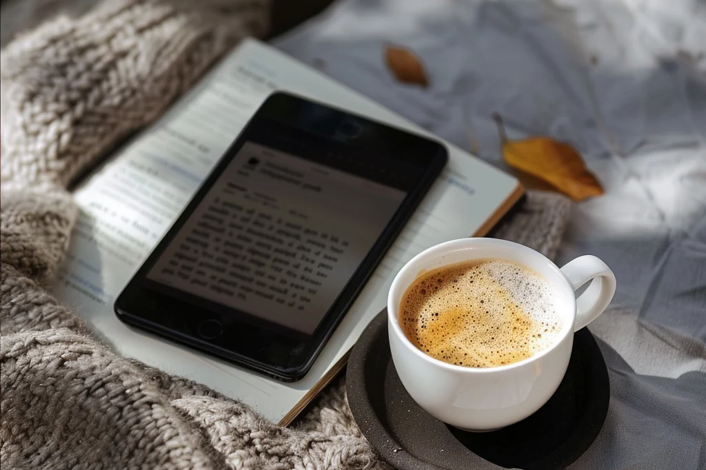 Sachbücher Tablet mit Kaffee Tasse
