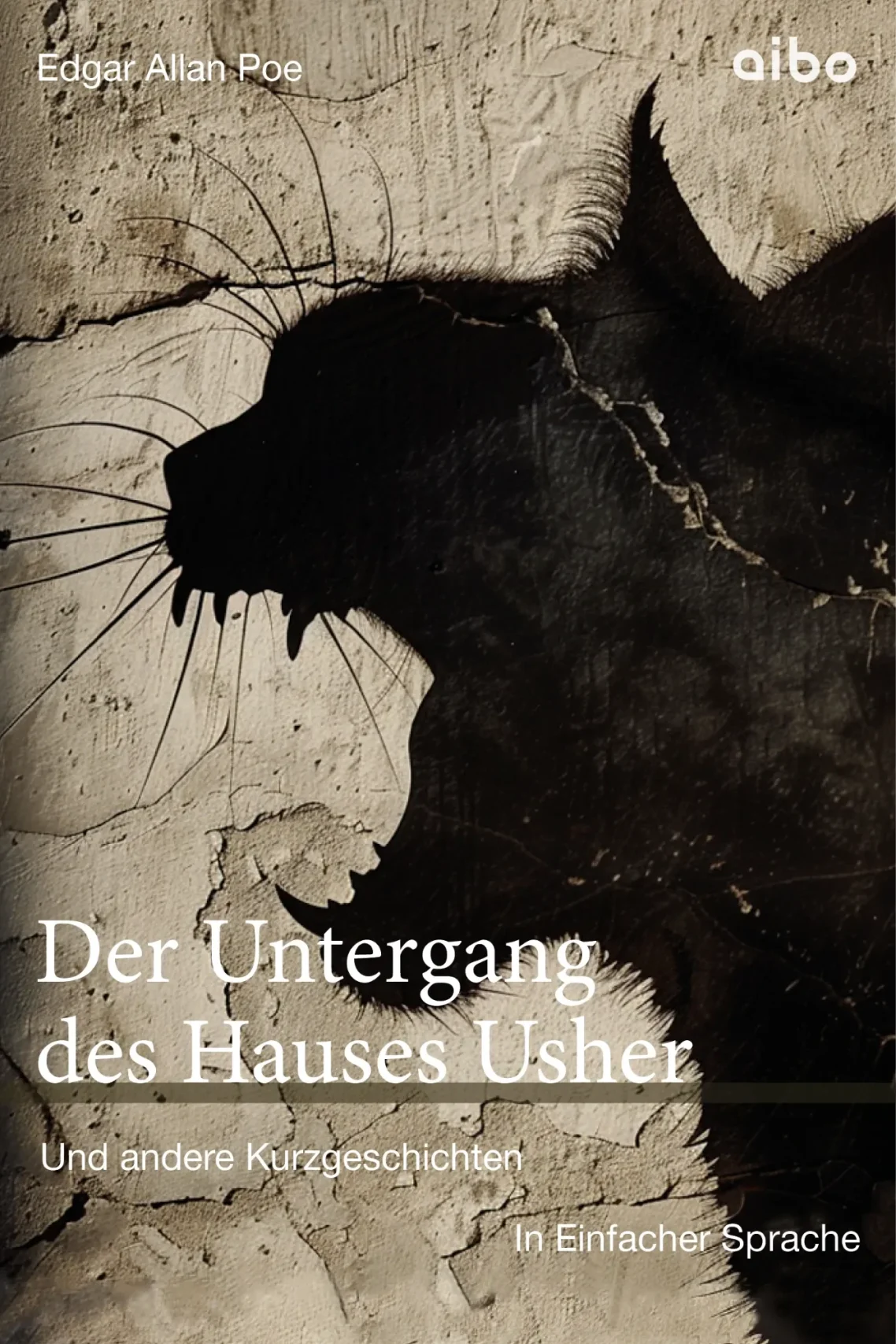 Buch-Titelbild Edgar Allan Poe - Der Untergang des Hauses Usher. Buch-Titelbild Edgar Allan Poe - Der Untergang des Hauses Usher. Es zeigt den Schatten einer fauchenden schwarzen Katze auf einer Wand.