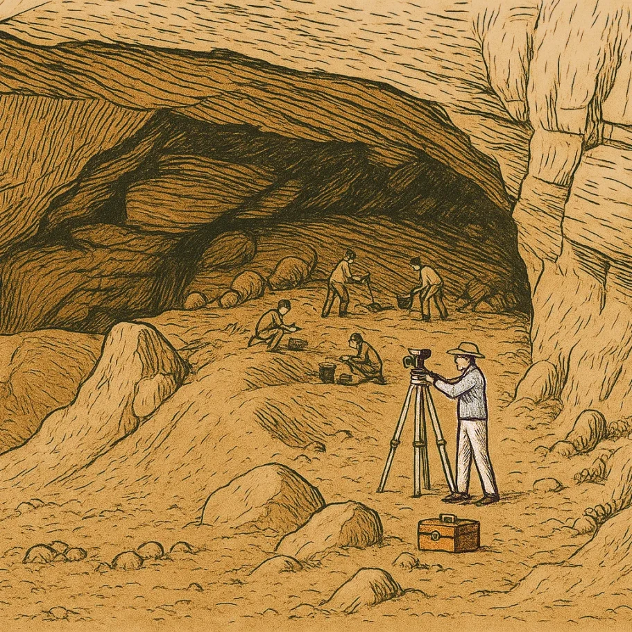 Vermessung einer Höhle Illustration einer Höhle, im Vordergrund vermisst ein Archäologe die Fundstätte mit einem Tachymeter.