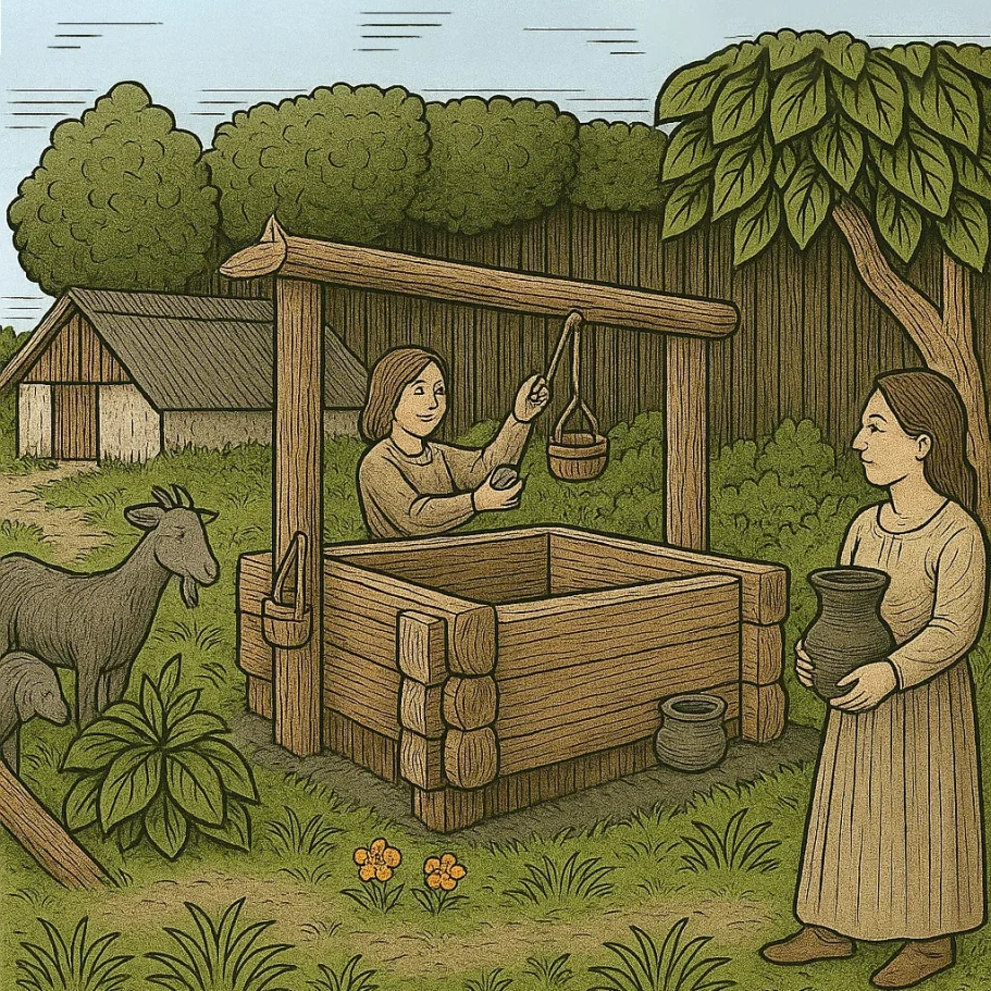 Steinzeitliches Leben Illustration eines steinzeitlichen Dorfes mit einem Brunnen, zwei Frauen und einer Ziege.