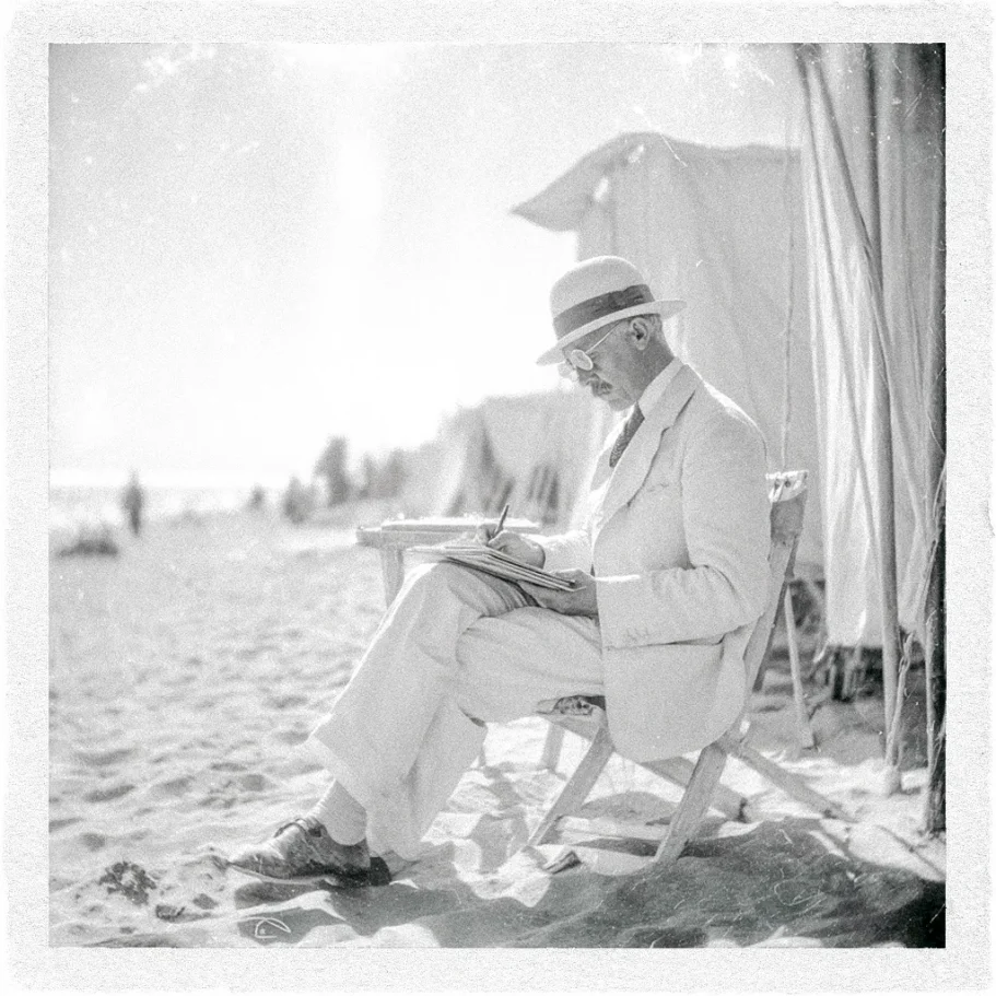 Aschenbach am Strand Aschenbach am Strand (Lido) in Venedig in weißen Anzug beim Schreiben