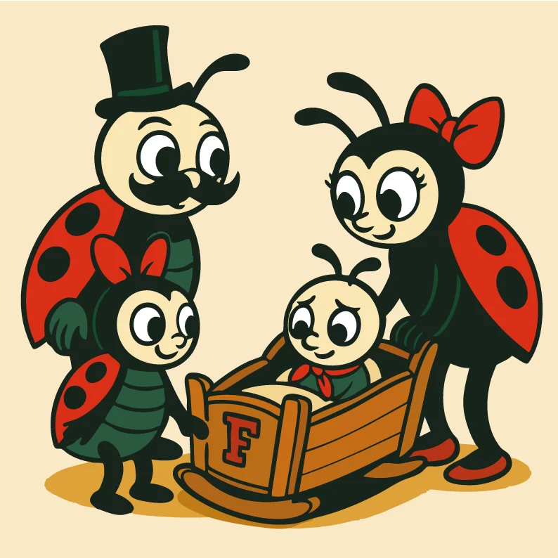 Fleckie in der Wiege Fleckie in der Wiege mit Schwesterchen und Papa Fleckbart links und Mutter rechts