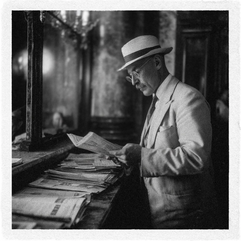 Aschenbach liest Zeitungen Aschenbach liest Zeitungen in der Hotel Halle auf der Suche nach Informationen über die mysteriöse Krankheit als Schwarz-Weiß-Foto.