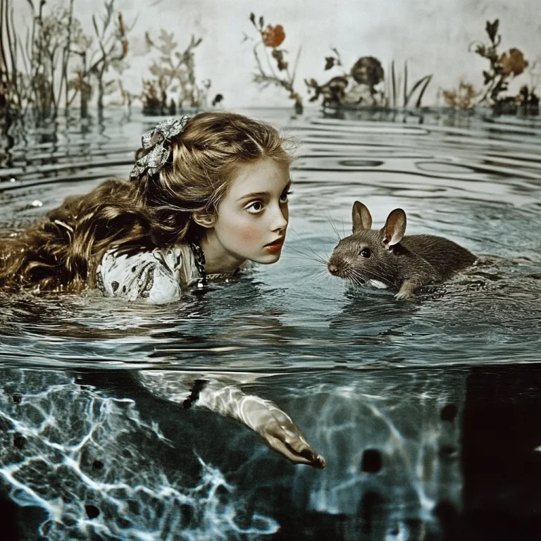 Titelbild. Lewis Carroll - Alice im Wunderland. Alice schwimmt mit einer Maus.