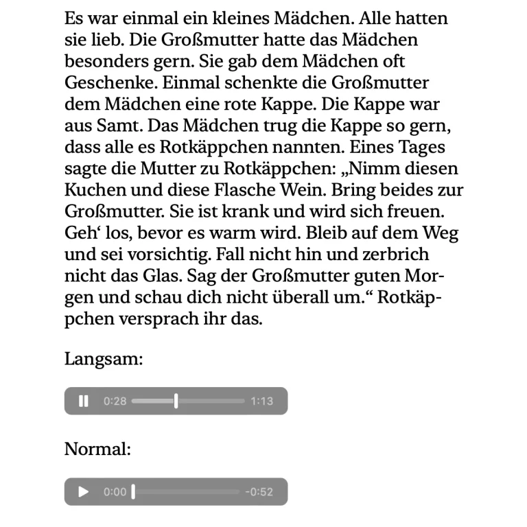 Screenshot mit den gesprochenen Audiospuren in langsam und normal