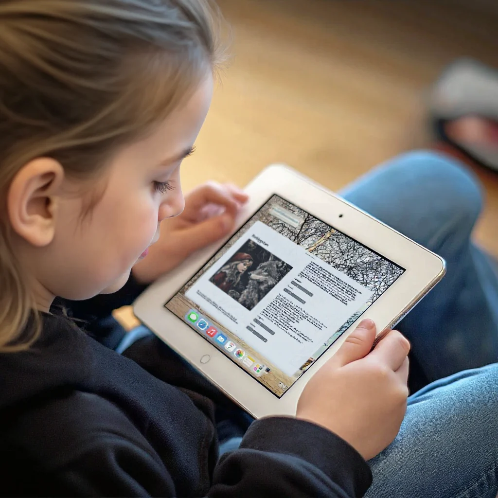 Kind mit Lese-Karaoke Kind liest das Lese-Karaoke Audio-Ebook auf einem Tablet