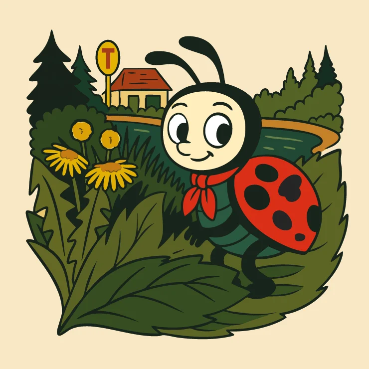 Fleckie und Raststätte Illustration von Fleckie im Grünen, im Hintergrund ist die Raststätte angedeutet.