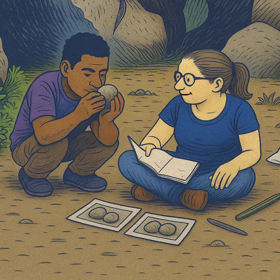 Archäologen bei der Arbeit Illustration zweier Archäologen (ein Mann und eine Frau), die Steine untersuchen und Notizen machen.