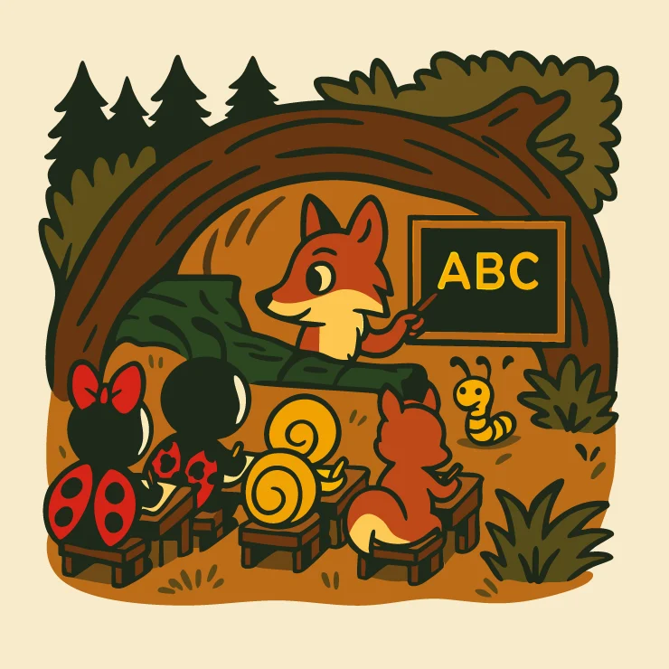 Waldschule Illustration von Fleckie, seiner Schwester und den Waldtieren in der Schule. Der Fuchs ist der Lehrer.