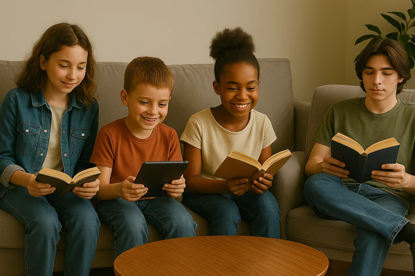 Kind und Jugend 4 Kinder lesend auf einer Couch