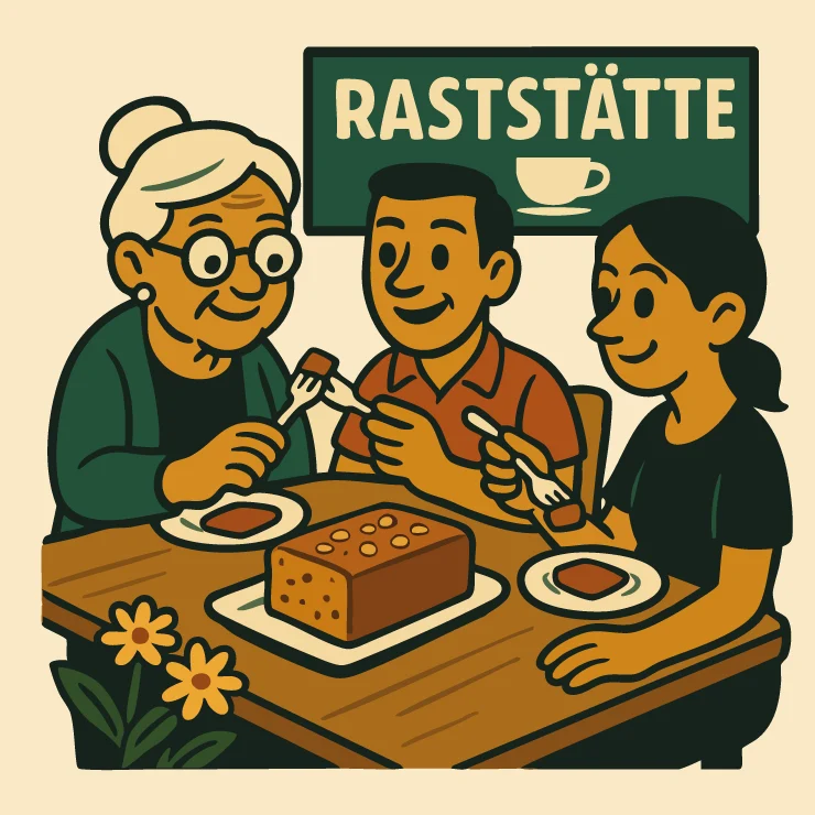 Nusskuchen in der Raststätte Illustration der Oma und zweier Gäste (Mann und Frau), die mir ihr zusammen Nusskuchen in der Raststätte essen.