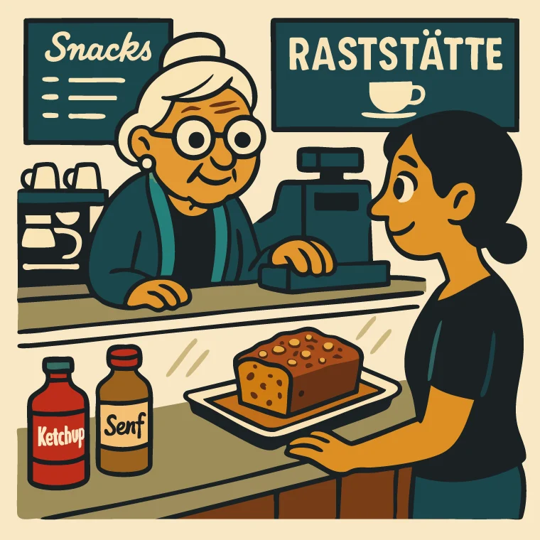 Raststätte Faltental Illustration der Oma in der Raststätte in Faltental