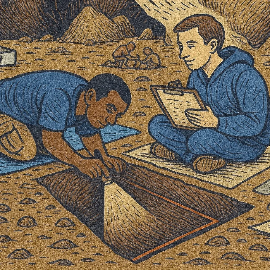 Archäologen bei einer Bodenausgrabung Illustration von zwei Archäologen, die eine Ausgrabung am Boden ausleuchten und Notizen machen.
